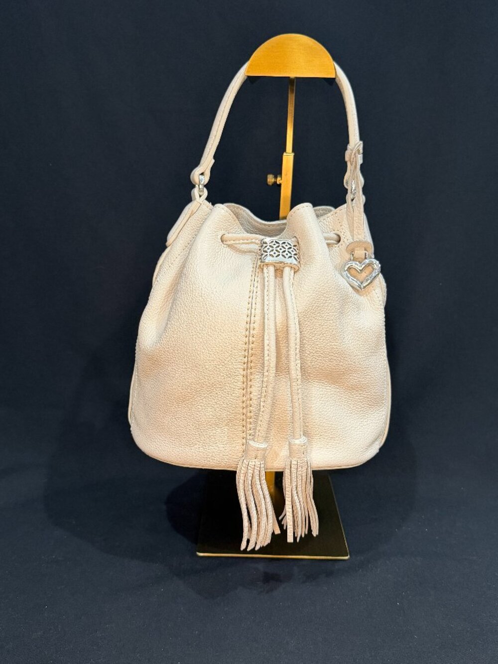 New Without Tags Brighton Drawstring Bucket Bag. Cream Pebbled Leather.